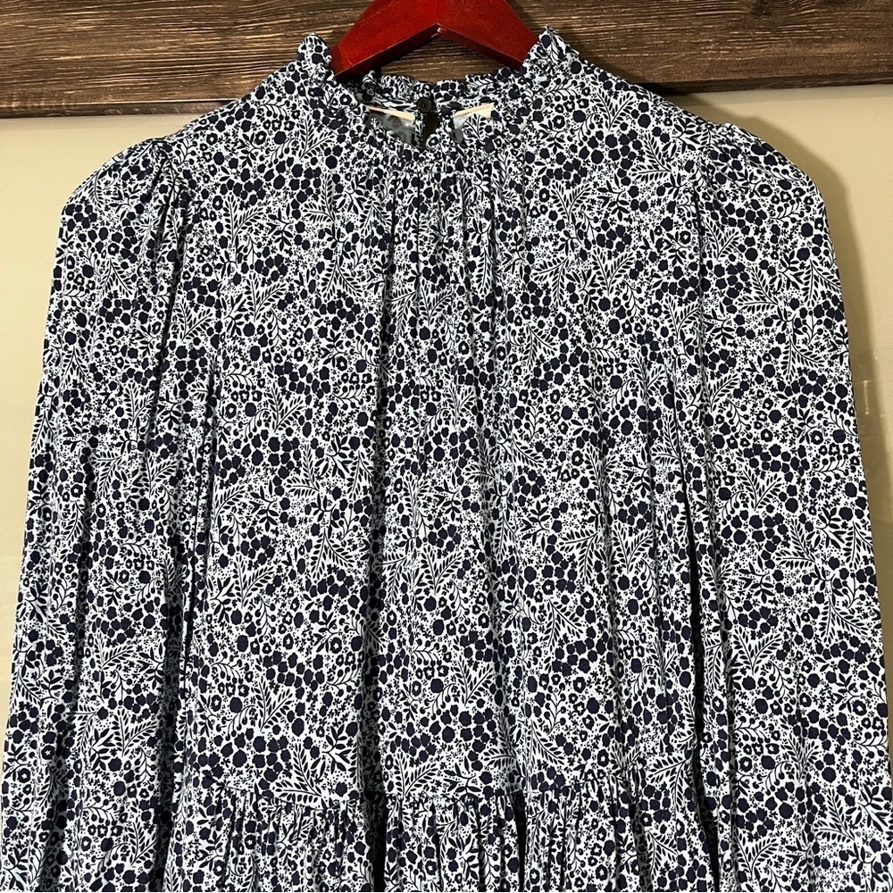 Micro-Floral Blue Prairie Peasant Mock-Neck Boden Dress w/ Pockets US Size 2 - Picture 2 of 10
